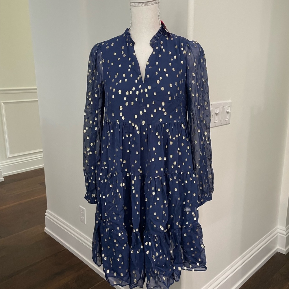 Lilly Pulitzer Sarita Silk Dress in High Tide Navy with Gold Metallic